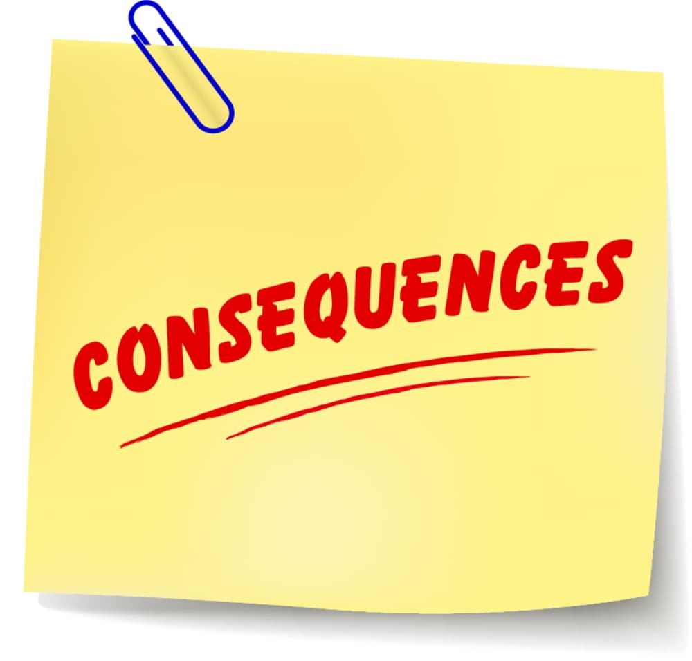The image shows a yellow sticky note with the word "CONSEQUENCES" written in bold, red capital letters. 