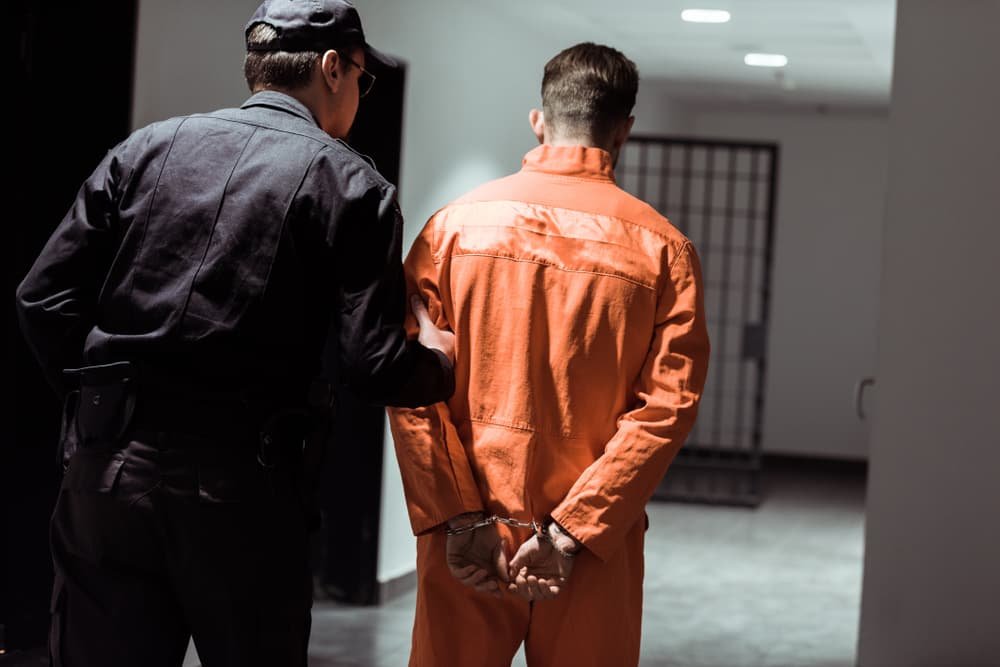 Prison officer escorting handcuffed prisoner down a corridor, seen from behind.