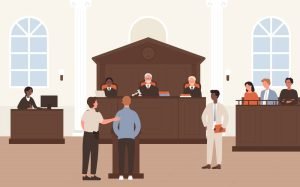 court room hearing Vector illustration of a courtroom with a barrister, accused, judge, and jury in a legal defense process, featuring a courtroom interior background.
