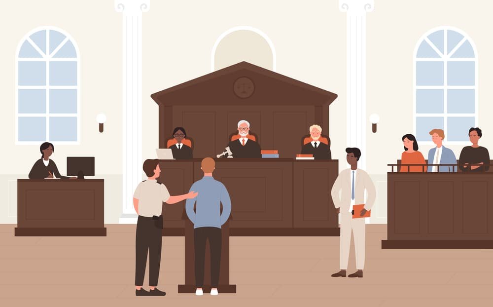 Vector illustration of a courtroom with a barrister, accused, judge, and jury in a legal defense process, featuring a courtroom interior background.