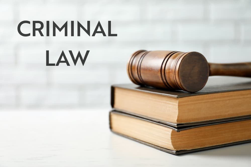 A judge's gavel and law books on a table against a brick wall, with the text "CRIMINAL LAW."